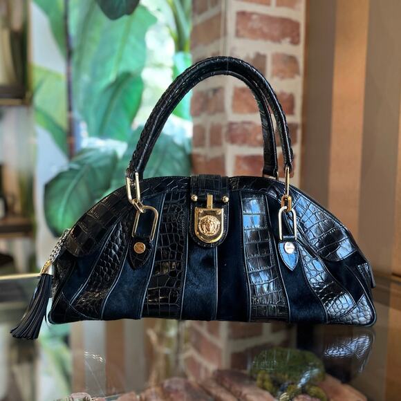 VERSACE Black Pony Hair Croc Embossed Suede Leather Dome Satchel - Picture 1 of 11